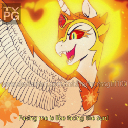Size: 900x900 | Tagged: safe, artist:zeldaprincessgirl100, imported from derpibooru, daybreaker, alicorn, pony, 90s anime, anime style, concave belly, fangs, female, mare, obtrusive watermark, open mouth, open smile, slender, smiling, solo, spread wings, subtitles, thin, tv rating, watermark, wings