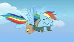 Size: 1280x720 | Tagged: safe, imported from derpibooru, screencap, rainbow dash, pony, top bolt, bag, cloud, flying, saddle bag, solo