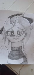 Size: 1844x4000 | Tagged: safe, artist:chakiz zukulenz, imported from derpibooru, oc, oc only, oc:chakiz zukulenz, pony, unicorn, clothes, cute, diabetes, drawing, glasses, hat, heart, heart eyes, horn, looking at you, photo, solo, sweater, traditional art, wingding eyes