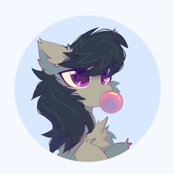 Size: 2300x2300 | Tagged: safe, artist:mirtash, imported from derpibooru, octavia melody, earth pony, pony, blue background, bubblegum, bust, eye clipping through hair, eyebrows, eyebrows visible through hair, eyelashes, female, fluffy, food, gum, high res, lidded eyes, looking up, mare, passepartout, simple background, solo