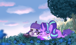 Size: 1983x1185 | Tagged: safe, artist:aeon-arts, imported from derpibooru, maud pie, starlight glimmer, earth pony, pony, unicorn, alternate design, cloud, cloven hooves, coat markings, duo, duo female, eyes closed, facial markings, female, fence, flower, hill, horn, lesbian, lying down, mare, nap, one eye closed, outdoors, prone, shipping, sky, sleeping, sleeping together, snip (coat marking), socks (coat markings), star (coat marking), starmaud, tree, unshorn fetlocks