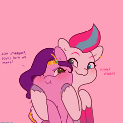 Size: 2480x2480 | Tagged: safe, artist:starburstuwu, imported from derpibooru, pipp petals, zipp storm, pegasus, pony, :t, adorapipp, adorazipp, angry, blushing, bust, cute, dialogue, duo, duo female, female, g5, madorable, pink background, puffy cheeks, royal sisters (g5), siblings, simple background, sisters, sisters being sisters, smiling, squishy cheeks