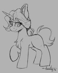 Size: 2614x3282 | Tagged: safe, artist:aurorafang, imported from derpibooru, oc, oc only, pony, unicorn, chest fluff, explicit source, eyebrows, eyebrows visible through hair, female, gray background, grayscale, horn, mare, monochrome, raised hoof, simple background, sketch, smiling, solo, unicorn oc