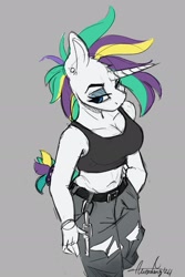 Size: 1567x2351 | Tagged: safe, artist:aurorafang, imported from derpibooru, rarity, anthro, unicorn, alternate hairstyle, breasts, cleavage, female, gray background, horn, midriff, punk, raripunk, simple background, solo