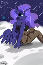 Size: 1567x2351 | Tagged: safe, artist:aurorafang, imported from derpibooru, princess luna, alicorn, anthro, constellation, constellation hair, female, on the moon, shooting star, solo