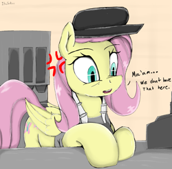 Size: 1491x1464 | Tagged: safe, artist:itzsirrice, imported from derpibooru, fluttershy, pegasus, pony, cash register, cashier, clothes, cross-popping veins, dead eyes, dialogue, emanata, eye twitch, female, folded wings, hat, mare, open mouth, solo, text, wings