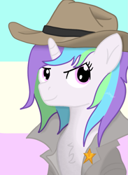 Size: 819x1120 | Tagged: safe, artist:minecake, imported from derpibooru, oc, oc only, oc:cake sparkle, three tribes, bust, duster, flag background, hat, portrait, sheriff's badge, solo