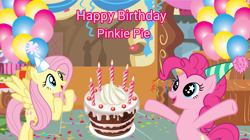 Size: 3475x1942 | Tagged: safe, artist:lizzmcclin, imported from derpibooru, fluttershy, pinkie pie, earth pony, pegasus, balloon, cake, candle, duo, duo female, female, food, happy birthday, hat, party hat, pinkie pie's birthday, starry eyes, sugarcube corner, wingding eyes