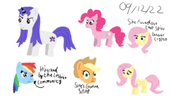 Size: 1280x720 | Tagged: safe, artist:zoeyhorse, imported from derpibooru, applejack, fluttershy, pinkie pie, rainbow dash, oc, oc:eilidh, earth pony, pegasus, pony, unicorn, blank stare, bust, female, frown, horn, implied cryptocurrency, implied lesbian, implied spike, mare, simple background, white background