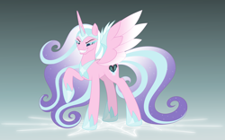 Size: 7128x4455 | Tagged: safe, artist:feather_bloom, imported from derpibooru, princess flurry heart, alicorn, pony, armor, commission, corrupted, corrupted flurry heart, evil, evil flurry heart, evil grin, fangs, flowing mane, frozen heart, gradient background, grin, ice, nightmare flurry heart, smiling, solo, sparkly mane, sparkly tail, tail