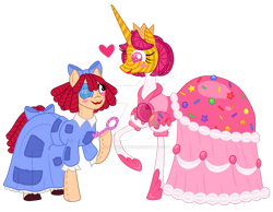 Size: 1013x788 | Tagged: safe, artist:moondeer1616, imported from derpibooru, candy pony, doll pony, earth pony, food pony, hagwarders, object pony, original species, pony, unicorn, blushing, bow, button eyes, candy, clothes, crown, deviantart watermark, doll, dress, duo, duo female, female, food, hair bow, heart, holding, horn, jewelry, key, lollipop, looking at each other, looking at someone, mare, obtrusive watermark, patch, ponified, princess, princess loolilalu, ragatha, ragdoll, raised hoof, regalia, simple background, smiling, smiling at each other, sprinkles, stitches, tail, tail bow, the amazing digital circus, toy, transparent background, watermark, wavy mouth