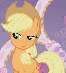 Size: 525x580 | Tagged: safe, edit, edited screencap, editor:twilyisbestpone, imported from derpibooru, screencap, applejack, earth pony, pony, season 1, suited for success, amused, applejack is amused, carousel boutique, cropped, female, inverted mouth, lidded eyes, mare, smiling, solo