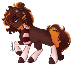 Size: 1940x1731 | Tagged: safe, artist:trashpanda czar, imported from derpibooru, oc, oc only, oc:pumpkin spice, earth pony, body markings, cheek fluff, chest fluff, clothes, ear fluff, ear piercing, female, hair tie, looking at you, mare, piercing, ponytail, scarf, simple background, smiling, solo, striped scarf, transparent background