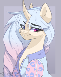 Size: 2000x2500 | Tagged: safe, artist:skyboundsiren, imported from derpibooru, oc, oc only, oc:zoe, pony, unicorn, bust, clothes, curved horn, eye clipping through hair, female, gradient background, gradient mane, horn, jacket, mare, portrait, raffle prize, sketch, smiling, solo