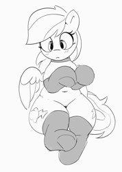 Size: 2449x3446 | Tagged: safe, artist:pabbley, imported from derpibooru, rainbow dash, pegasus, pony, belly button, black and white, blush lines, blushing, choker, clothes, cute, dashabetes, female, grayscale, mare, monochrome, simple background, sitting, socks, solo, stockings, thigh highs, thighs, thunder thighs, underhoof, white background, wide hips