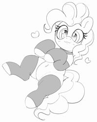 Size: 2653x3332 | Tagged: safe, artist:pabbley, imported from derpibooru, pinkie pie, earth pony, pony, belly, belly button, black and white, choker, clothes, cute, diapinkes, female, floating heart, grayscale, heart, looking at you, mare, monochrome, simple background, smiling, smiling at you, socks, solo, stockings, thigh highs, toeless legwear, toeless stockings, white background