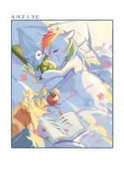 Size: 2000x2828 | Tagged: safe, artist:xieyanbbb, imported from ponybooru, rainbow dash, tank, pegasus, apple, bed, bedroom, bedsheets, book, chips, duo, food, heart, morning, sleeping, solo focus, speech bubble, time, timestamp