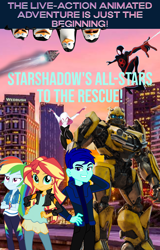 Size: 1550x2420 | Tagged: safe, artist:robertsonskywa1, imported from derpibooru, rainbow dash, sunset shimmer, oc, oc:starshadow skystalker, bird, human, penguin, robot, equestria girls, book cover, bumblebee (transformers), chip and dale rescue rangers, cover, crossover, cybertronian, dreamworks, kowalski, logo, marvel, miles morales, photo, private (madagascar), real life background, rico, skipper, spider-man, spider-man: across the spider-verse, text, the penguins of madagascar, transformers, wattpad