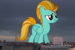Size: 1600x1067 | Tagged: safe, artist:pasuri98, edit, editor:jaredking779, imported from derpibooru, lightning dust, pegasus, pony, attack on pony, berlin, female, folded wings, germany, giant pony, giantess, grin, highrise ponies, irl, macro, mare, photo, ponies in real life, red eyes, smiling, solo, story included, vulgar description, wings