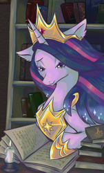 Size: 1080x1794 | Tagged: safe, artist:cl24z7, imported from derpibooru, twilight sparkle, alicorn, pony, the last problem, book, bookshelf, bust, candle, crown, female, hoof shoes, jewelry, lidded eyes, mare, older, older twilight, older twilight sparkle (alicorn), peytral, princess shoes, princess twilight 2.0, reading, regalia, smiling, solo, twilight sparkle (alicorn)