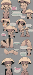 Size: 1920x4320 | Tagged: safe, artist:kaff_i, imported from derpibooru, hitch trailblazer, zipp storm, earth pony, pegasus, pony, blushing, cheering up, cute, eyebrows, female, g5, hat, hitchzipp, holding hooves, hooves together, looking at each other, looking at someone, looking down, male, raised eyebrow, shipping, smiling, spanish, speech bubble, straight, translation, umbrella hat