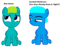 Size: 2760x2120 | Tagged: safe, artist:memeartboi, imported from derpibooru, oc, balloon pony, inflatable pony, pegasus, pony, alan keane, balloon, balloon boy, chillaxing, colt, colt oc, duo, foal, gumball watterson, inflatable, jealous, male, male oc, nice, pegasus oc, ponified, relaxing, simple background, smiling, stare, the amazing world of gumball, white background, wings
