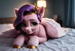 Size: 1216x832 | Tagged: safe, imported from derpibooru, pipp petals, pegasus, pony, ai content, ai generated, bed, chest fluff, cute, ear fluff, fluffy, g5, generator:pony diffusion v6 xl, generator:stable diffusion, indoors, lamp, looking at you, lying, lying down, on bed, prompter:kluknawa235, prone, realistic, smiling, solo