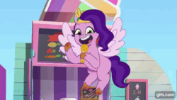 Size: 640x360 | Tagged: safe, imported from derpibooru, screencap, pipp petals, pegasus, pony, spoiler:g5, spoiler:my little pony: tell your tale, spoiler:tyts01e21, animated, female, flying, g5, gif, gifs.com, mare, microphone, my bananas, my little pony: tell your tale, solo