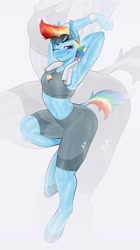 Size: 1674x3000 | Tagged: safe, artist:fugaamr, imported from derpibooru, rainbow dash, anthro, pegasus, unguligrade anthro, arm behind head, armpits, belly button, breasts, clothes, compression shorts, cutie mark accessory, cutie mark necklace, dock, female, goggles, goggles on head, jewelry, mare, midriff, necklace, one eye closed, reasonably sized breasts, smiling, solo, standing, standing on one leg, stretching, tail, unshorn fetlocks, wingless, wingless anthro, zoom layer