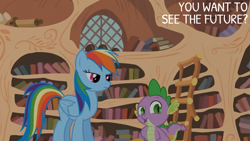 Size: 2000x1125 | Tagged: safe, edit, edited screencap, editor:quoterific, imported from derpibooru, screencap, rainbow dash, spike, it's about time, duo, duo male and female, female, golden oaks library, ladder, male
