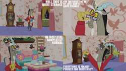 Size: 2000x1125 | Tagged: safe, edit, edited screencap, editor:quoterific, imported from derpibooru, screencap, discord, discordant harmony, couch, cup, discord's house, food, glasses, grandfather clock, kitchen, sandwich, solo, teacup, teapot
