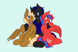 Size: 2048x1365 | Tagged: safe, artist:mscolorsplash, imported from derpibooru, oc, oc only, earth pony, pegasus, pony, clothes, commission, female, grin, group hug, hoodie, hug, light blue background, male, mare, one eye closed, open mouth, open smile, simple background, smiling, stallion, trio