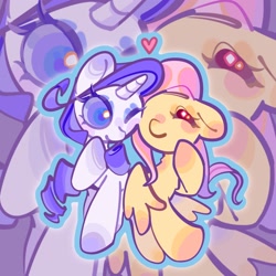 Size: 2048x2048 | Tagged: safe, artist:huiguirenkoupajiang233, imported from derpibooru, fluttershy, rarity, pegasus, pony, unicorn, blushing, eyes closed, female, heart, horn, mare, one eye closed, outline, smiling, wink