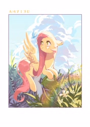 Size: 2000x2828 | Tagged: safe, artist:xieyanbbb, imported from derpibooru, fluttershy, butterfly, pegasus, pony, cloud, cloudy, cottagecore, female, flying, grass, mare, morning, sky, solo, time, timestamp, watering can, wrong eye color