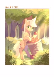 Size: 2000x2828 | Tagged: safe, artist:xieyanbbb, imported from derpibooru, applejack, earth pony, pony, apple, apple basket, apple orchard, basket, bush, cottagecore, cowboy hat, crepuscular rays, female, food, forest, grass, hat, hoof hold, mare, morning, nature, orchard, solo, standing, stetson, time, timestamp, tree