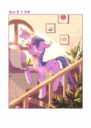 Size: 2000x2828 | Tagged: safe, artist:xieyanbbb, imported from derpibooru, twilight sparkle, pony, unicorn, crepuscular rays, female, horn, magic, mare, parchment, photo frame, plant, raised hoof, scroll, smiling, solo, stairs, text, unicorn twilight, window