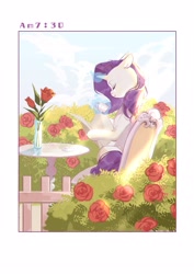 Size: 2000x2828 | Tagged: safe, artist:xieyanbbb, imported from derpibooru, rarity, pony, unicorn, beautiful, bush, chair, cottagecore, cup, eyes closed, female, flower, garden, horn, levitation, magic, magic aura, mare, morning, newspaper, reading, rose, sitting, solo, table, telekinesis, time, timestamp, vase