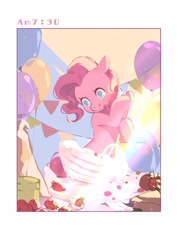 Size: 2000x2828 | Tagged: safe, artist:xieyanbbb, imported from derpibooru, pinkie pie, earth pony, pony, apple, baking, balloon, bowl, female, food, mare, morning, smiling, solo, strawberry, table, text