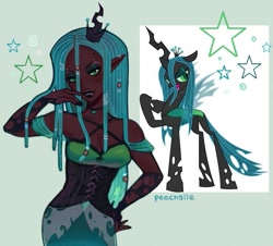 Size: 851x768 | Tagged: safe, artist:peachsiie, imported from derpibooru, queen chrysalis, changeling, changeling queen, human, pony, clothes, corset, dark skin, ear piercing, earring, fangs, female, gloves, humanized, jewelry, mare, necklace, piercing, regalia, solo