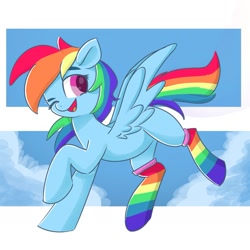 Size: 1855x1855 | Tagged: safe, artist:skylinepony_, imported from derpibooru, rainbow dash, pegasus, pony, clothes, female, mare, one eye closed, open mouth, open smile, rainbow socks, smiling, socks, solo, striped socks, wink