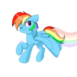 Size: 1280x1280 | Tagged: safe, artist:skylinepony_, imported from derpibooru, rainbow dash, pegasus, pony, female, mare, one eye closed, rainbow trail, simple background, solo, white background, wink