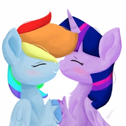 Size: 2048x2048 | Tagged: safe, artist:skylinepony_, imported from derpibooru, rainbow dash, twilight sparkle, alicorn, pegasus, pony, blushing, boop, duo, duo female, eyes closed, female, folded wings, horn, lesbian, mare, noseboop, nuzzling, profile, shipping, side view, signature, simple background, smiling, touching hooves, twidash, twilight sparkle (alicorn), white background, wings