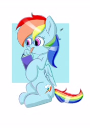 Size: 2893x4092 | Tagged: safe, artist:skylinepony_, imported from derpibooru, rainbow dash, pegasus, pony, book, egghead dash, female, glasses, mare, mouth hold, passepartout, pencil, pencil in mouth, sitting, solo