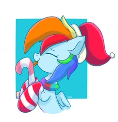 Size: 1058x1090 | Tagged: safe, artist:skylinepony_, imported from derpibooru, rainbow dash, pegasus, pony, candy, candy cane, christmas, clothes, eyes closed, female, food, hat, holiday, licking, mare, passepartout, santa hat, scarf, socks, solo, striped scarf, striped socks, tongue out