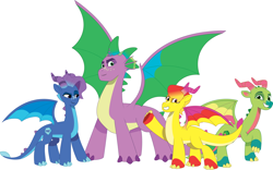 Size: 6496x4045 | Tagged: safe, artist:prixy05, imported from derpibooru, spike, dragon, dragon lord spike, dragoness, female, fountain (g5), g5, group, leaf (g5), luxxe, male, my little pony: tell your tale, older, older spike, quartet, simple background, spike (g5), spread wings, white background, wings