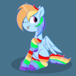 Size: 2521x2521 | Tagged: safe, artist:skylinepony_, imported from derpibooru, rainbow dash, pegasus, pony, ;p, clothes, female, looking at you, mare, one eye closed, partially open wings, rainbow socks, sitting, smiling, smiling at you, socks, solo, striped socks, tail, tongue out, wings, wink, winking at you