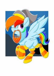 Size: 2893x4092 | Tagged: safe, artist:skylinepony_, imported from derpibooru, rainbow dash, pegasus, pony, basket, candy, clothes, female, food, mare, mouth hold, one eye closed, smiling, socks, solo, spread wings, striped socks, wings
