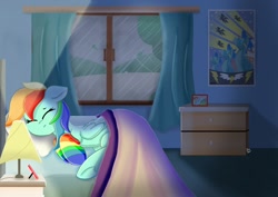 Size: 1199x848 | Tagged: safe, artist:skylinepony_, imported from derpibooru, rainbow dash, pegasus, pony, bed, bedroom, blanket, clothes, curtains, drawer, eyes closed, female, folded wings, indoors, lamp, lying down, lying on bed, mare, nightstand, on bed, picture frame, pillow, rain, rainbow socks, sleeping, socks, solo, striped socks, underhoof, window, wings, wonderbolts poster
