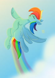 Size: 2893x4092 | Tagged: safe, artist:skylinepony_, imported from derpibooru, rainbow dash, pegasus, pony, belly button, eyes closed, female, flying, mare, open mouth, open smile, rainbow trail, smiling, solo