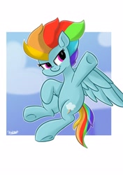 Size: 2039x2893 | Tagged: safe, artist:skylinepony_, imported from derpibooru, rainbow dash, pegasus, pony, female, flying, hoof in air, mare, passepartout, signature, smiling, solo, spread wings, tail, underhoof, wings